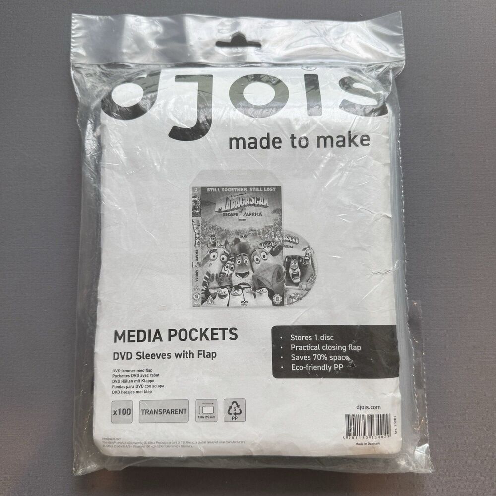 NIP 100 djois Media Pockets DVD Sleeves With Flap Transparent Storage Sleeves